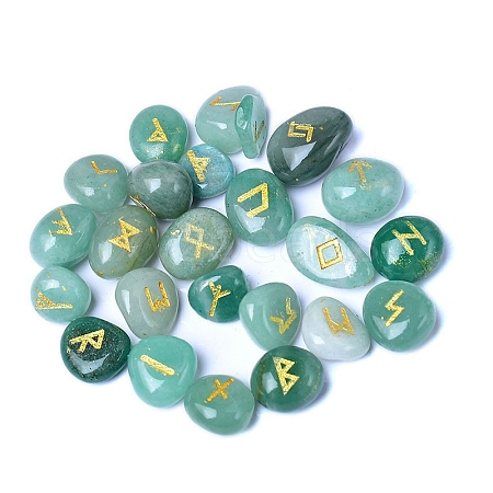 25Pcs Natural Green Aventurine Viking Runes Engraved Stone PW-WG1414A-03-1