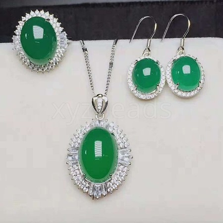 925 Sterling Silver Micro Pave Clear Cubic Zirconia with Natural Chalcedony Pendant Necklaces & Dangle Earrings & Rings Sets WG9CEA2-12-1