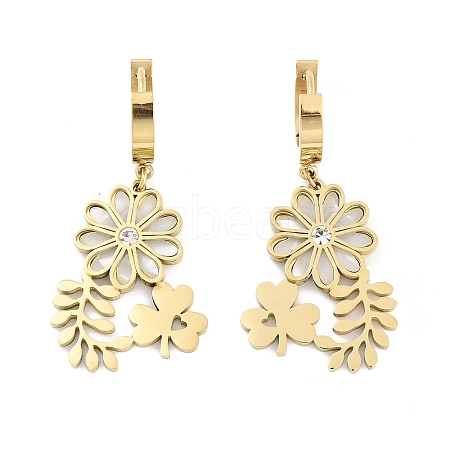 Left and Right Clover & Flower 304 Stainless Steel Shell Dangle Earrings EJEW-L283-068G-1