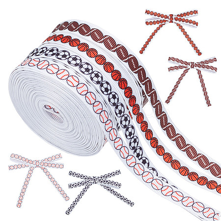 4 Rolls 4 Styles Sport Ball Theme Polyester Printed Grosgrain Ribbon OCOR-HY0001-19-1