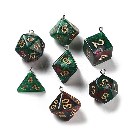 7Pcs 7 Styles Transparent Resin Polyhedral Dice Pendants Set RESI-A029-01R-1