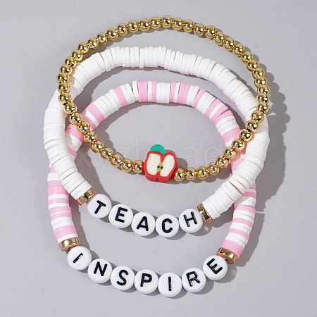 Teachers' Day Plastic Letter Inspire Teach Polymer Clay Heishi Beaded Stretch Bracelet Sets IE3330-3-1