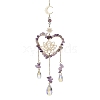 Natural Amethyst Chip & Brass Heart & Lotus Hanging Ornaments HJEW-TA00257-1