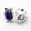 Owl Brass Natural Lapis Lazuli Finger Rings RJEW-L074-06-1