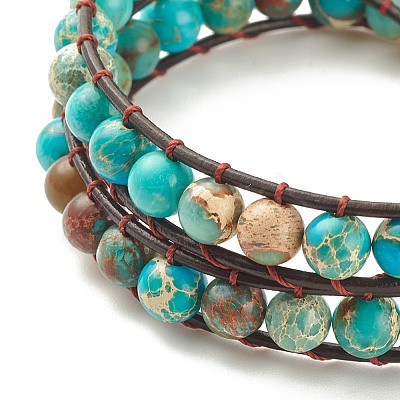 Round Natural Imperial Jasper(Dyed) Braided Wrap Bracelet BJEW-JB08175-1