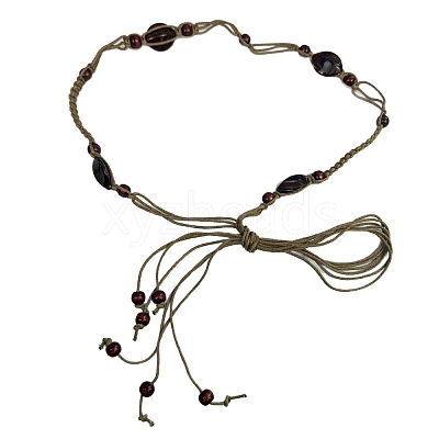 Bohemian Ethnic Style Resin & Wood Barrel Beads Braided Waxed Cord Wrap Waist Belts for Women FS-WG58A7E-02-1