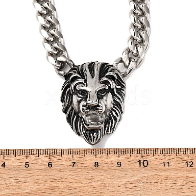 304 Stainless Steel Lion Head Pendant Cuban Link Chain Necklaces NJEW-C099-05AS-1