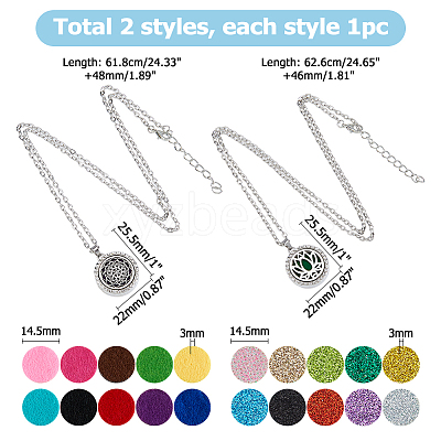2Pcs 2 Styles Stainless Steel Flat Round with Flower Essential Oil Diffuser Locket Pendant Necklaces for Women NJEW-HS0001-17-1