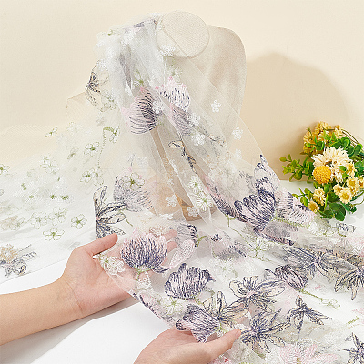 Embroidered Flowers Polyester Tulle Lace Fabric DIY-WH0449-31A-1