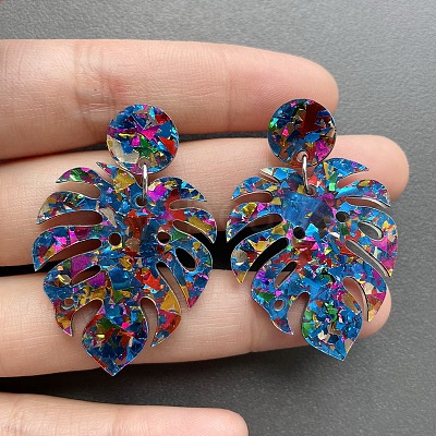 Leaf Acrylic Paillette Dangle Stud Earrings FS-WG5D05C-03-1