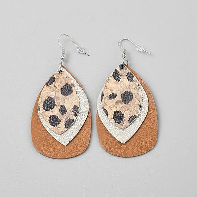 Leather Leopard Print Teardrop Dangle Earrings EJEW-WH0817-005B-1