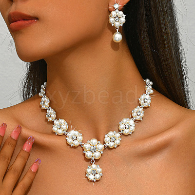 Flower Alloy Crystal Rhinestone & Plastic Pearl Link Chain Necklaces & Stud Dangle Earrings Sets FS-WGC22CC-02-1