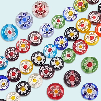 3 Strands Flat Round Handmade Millefiori Glass Beads Strands LAMP-LT0001-15A-1