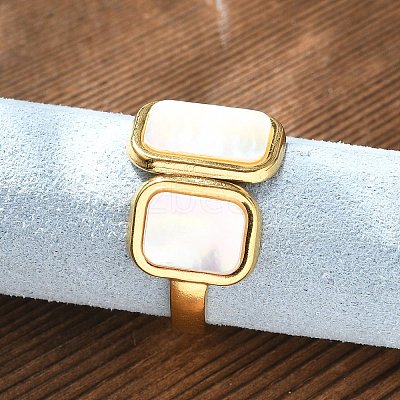 Rectangle 304 Stainless Steel White Shell Cuff Rings for Women RJEW-G346-04G-02-1