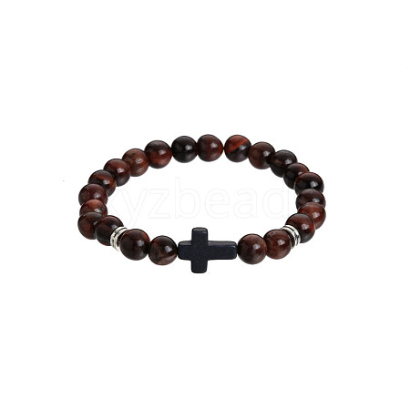 Natural Tiger Eye Round & Black Stone Cross Beaded Stretch Bracelets AL9928-6-1