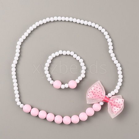 Plastic Bowkont Pendant Necklace and Round Beaded Stretch Bracelet SJEW-TAC0002-02-1