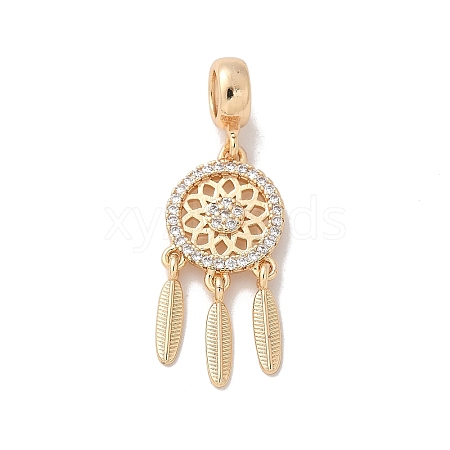 Brass Micro Pave Clear Cubic Zirconia Woven Web/Net with Feather European Dangle Charms KK-A244-04G-1