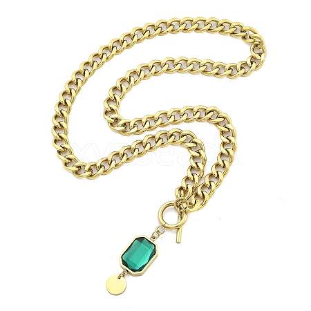 Ion Plating(IP) 304 Stainless Steel & Medium Turquoise Glass Rectangle Pendant Cuban Link Chain Necklaces for Women NJEW-U016-03G-1