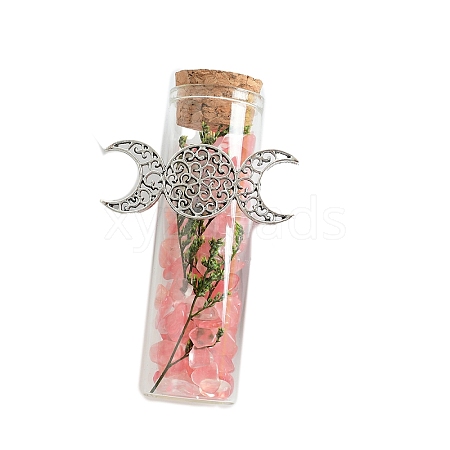 Cherry Quartz Glass Chip Healing Crystals Wishing Bottles with Alloy Triple Moon Decor PW-WGD8D42-01-1