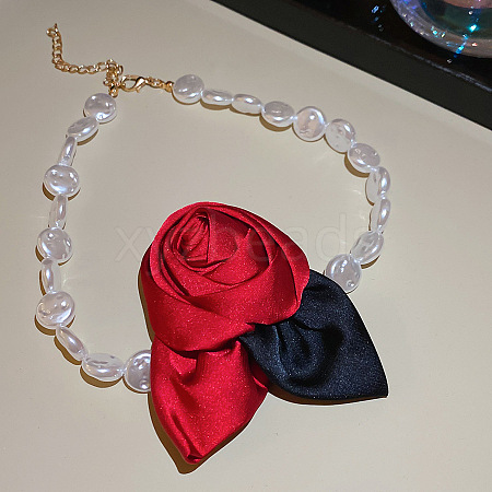 Rose Cloth Plastic Pearl Beaded Choker Necklaces FS-WGC088F-01-1