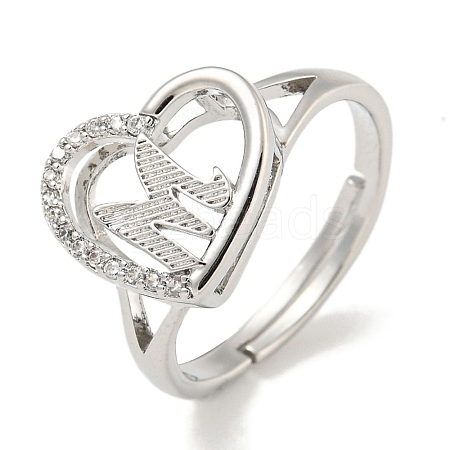 Heart with Letter Rack Plating Brass Micro Pave Cubic Zirconia Adjustable Rings for Women RJEW-I105-06P-M-1