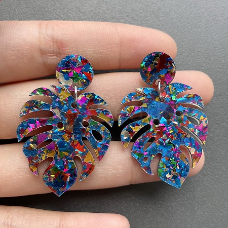 Leaf Acrylic Paillette Dangle Stud Earrings FS-WG5D05C-03-1