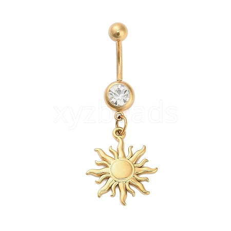 304 Stainless Steel Crystal Rhinestone Carved Barbell Dangle Belly Rings STAS-C147-18A-G-1