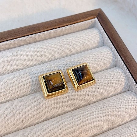 Brass Tiger Eye Stud Earrings EJEW-B120-05G-07-1