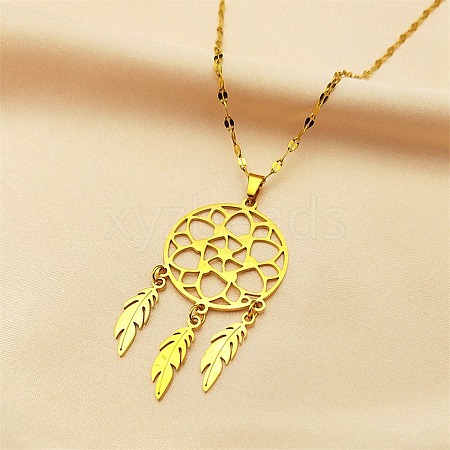 Woven Net/Web with Feather 304 Stainless Steel Boho Pendant Necklaces for Women NJEW-G087-07G-1