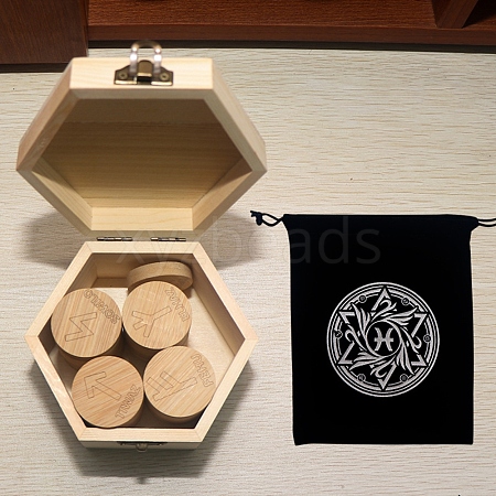 Wood Round Elder Futhark Alphabet Engraved Symbol Rune Stones Sets PW-WG106ED-06-1