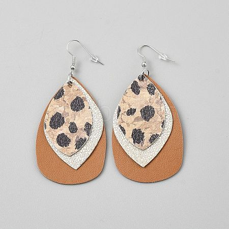 Leather Leopard Print Teardrop Dangle Earrings EJEW-WH0817-005B-1