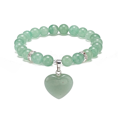Natural Green Aventurine Round Beaded Stretch Bracelet with Heart Charm BJEW-JB09019-05-1