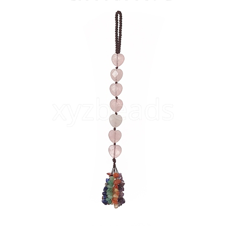 Heart Natural Rose Quartz & Mixed Stone Chips Tassel Pendant Decorations HJEW-JM00948-04-1