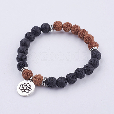 Yoga Theme Lava Rock Bodhi Wood Beads Stretch Charm Bracelets BJEW-L620-02C-1