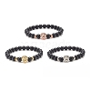 3Pcs 3 Color Synthetic Black Stone Round Beaded Stretch Bracelets Set with Brass Lion BJEW-JB07864-1