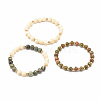 3Pcs 3 Style Natural Unakite & Wood  & Green Zebra Jasper Beaded Stretch Bracelets Set BJEW-JB07831-4