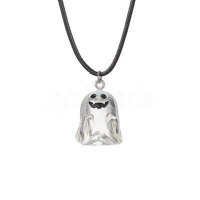Halloween Resin Ghost Pendant Black Waxes Cord Necklaces for Women NJEW-TA00209-1