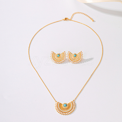 Brass Rhinestone Hollow Crescent Moon Pendant Necklace & Stud Earrings Sets with Synthetic Turquoise and Imitation Pearl LX5909-1