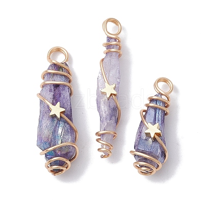 Electroplated Natural Quartz Crystal Dyed Copper Wire Wrapped Pendants PALLOY-JF02326-02-1