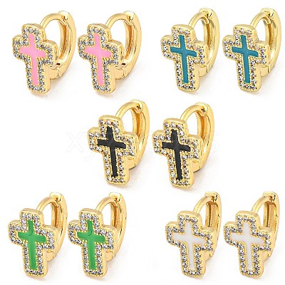 Cross Golden Brass Hoop Earrings EJEW-L269-072G-1
