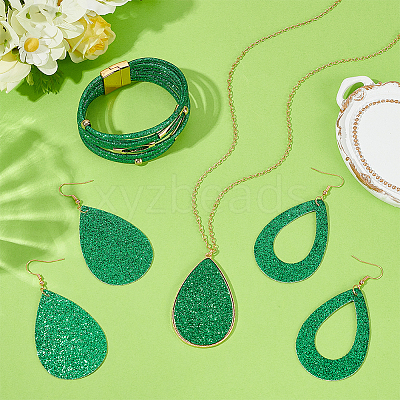 Imitation Leather Teardrop Pendant Necklace & Dangle Earrings & Multi-Strand Bracelet SJEW-UN0001-18B-1
