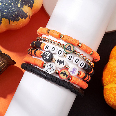 6Pcs 6 Styles Halloween Handmade Polymer Clay Beaded Stretch Bracelets Sets BJEW-TA00490-1