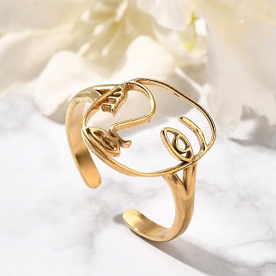 Hollow Human Face 304 Stainless Steel Open Cuff Rings for Women RJEW-M046-03G-1