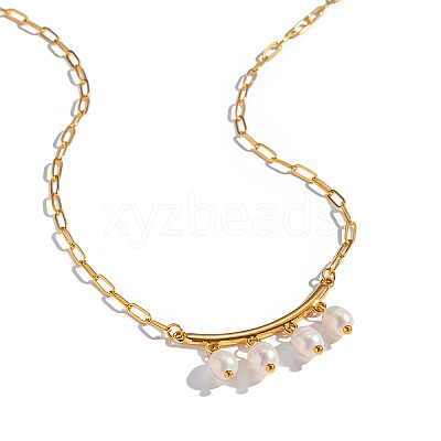 Natural Freshwater Pearl Rice Tassel 304 Stainless Steel Paperclip Chain Necklace for Women AR2544-1