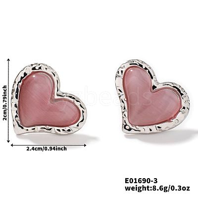 304 Stainless Steel Natural Stone Cat Eye Heart-shaped Stud Earrings GI3370-2-1