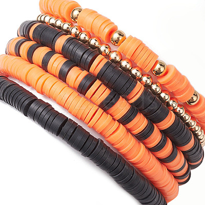 6Pcs 6 Styles Halloween Handmade Polymer Clay Beaded Stretch Bracelets Sets X1-BJEW-TA00490-1