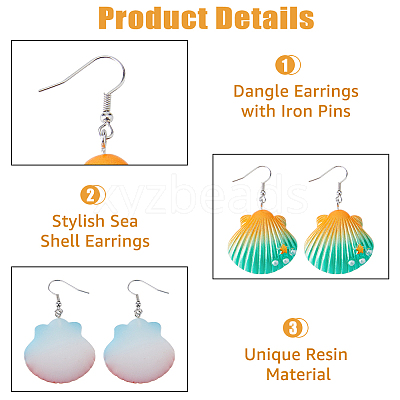 5 Pairs 5 Colors Shell Shape Resin Dangle Earrings with Iron Pins EJEW-FI0001-78-1