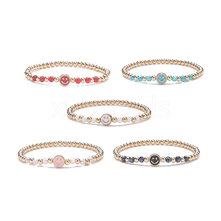 5Pcs 5 Colors Alloy Enamel Smiling Face & Brass & Glass Beaded Stretch Bracelets Set for Women BJEW-JB08774-1