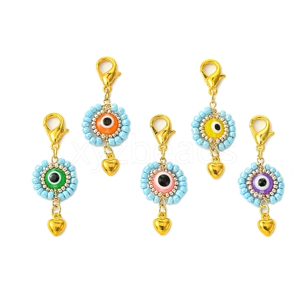 Flat Round with Evil Eye Resin & Glass Seed Pendant Decorations HJEW-MZ00095-01-1