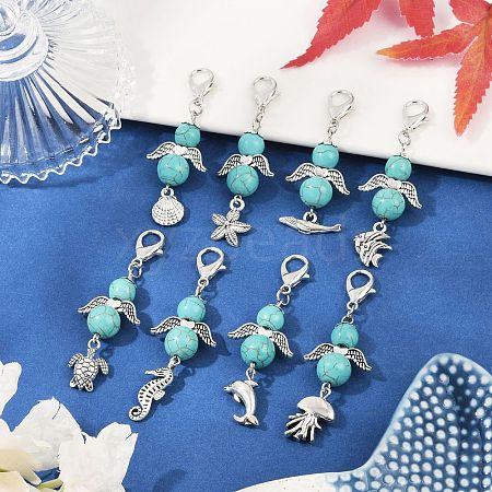 Angel Synthetic Turquoise Beads & Alloy Sea Animal Pendant Decorations HJEW-JM03074-1